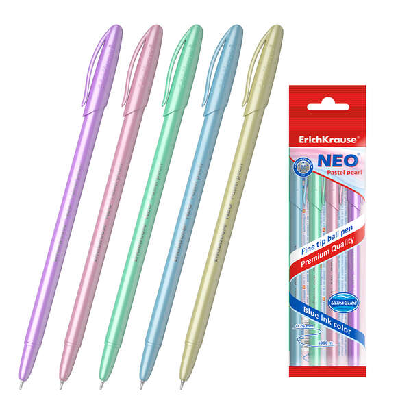 Erichkrause Pack De 5 Boligrafos Neo Pastel Pearl - Punta De Aguja Sofisticada - Tinta De Baja Viscosidad - Colores Pastel Perlados - Azul