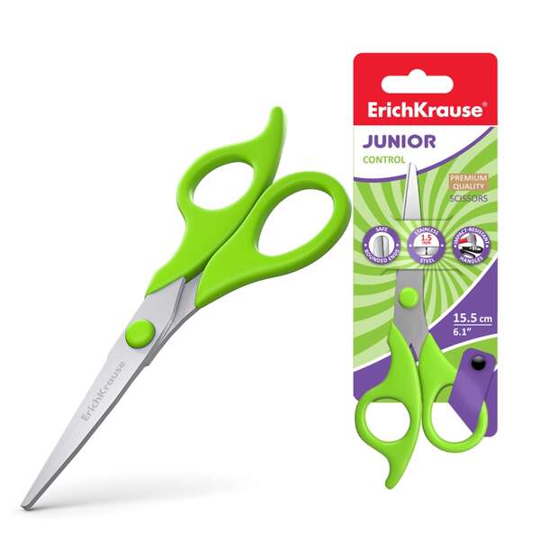 Erichkrause Tijeras Junior Control De Acero Inoxidable 15.5Cm - Extremos Redondeados - Resistente A La Corrosion - Mangos Ergonomicos - Colores Aleatorios