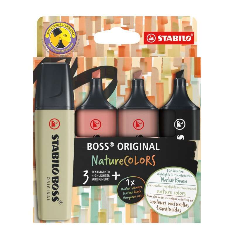 Stabilo Boss Naturecolors Pack De 4 Marcadores - Trazo Entre 2 Y 5Mm - Tinta Con Base De Agua - Colores Negro, Ocre Oscuro, Siena Y Verde Barro