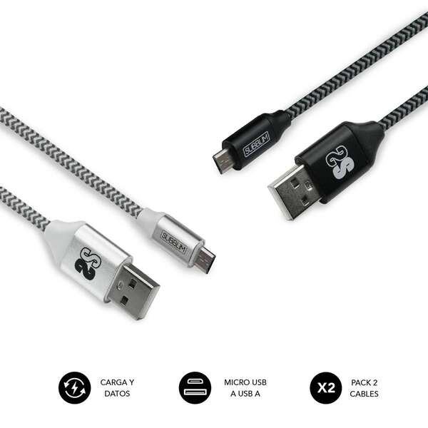 Subblim Pack De Cables Usb A Y Micro Usb - Alta Velocidad De Carga - Sincronizacion De Datos Hasta 480 Mbps - Fibra De Nailon Resistente - Color Negro/Plata