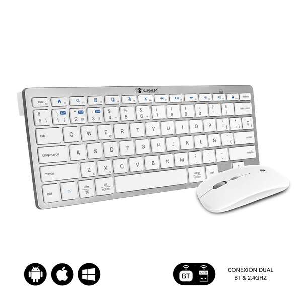 Subblim Combo Multidispositivo Compacto - Conectividad Inalambrica Multidispositivo - Compatible Con Windows, Android, Ios Y Macos - Control Multimedia - Teclado En Español - Color Blanco