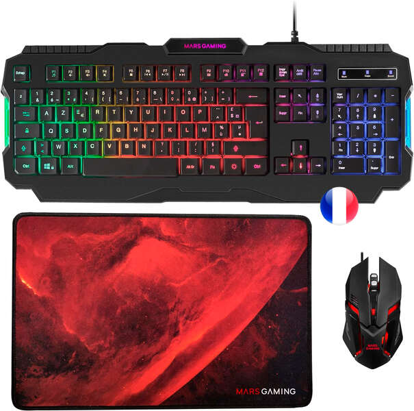 Mars Gaming Combo Gaming Rgb Mcp118 - Teclado, Raton Y Alfombrilla - Iluminacion Rgb Rainbow - Prestaciones Pro-Gaming - Diseño Optimizado - Tecnologia Y Precision - Calidad Profesional - Frances - Color Negro