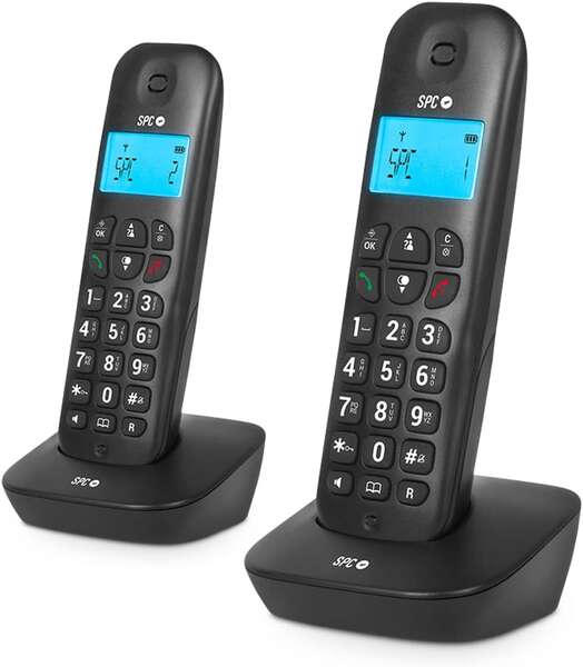 Spc Air Pro Duo Telefono Inalambrico - Pantalla Retroiluminada De 35X22Mm - Identificacion De Llamadas - Conexion A Red Telefonica - Conferencia A Tres - Modo Mute - Manos Libres - Ecologico - Color Negro