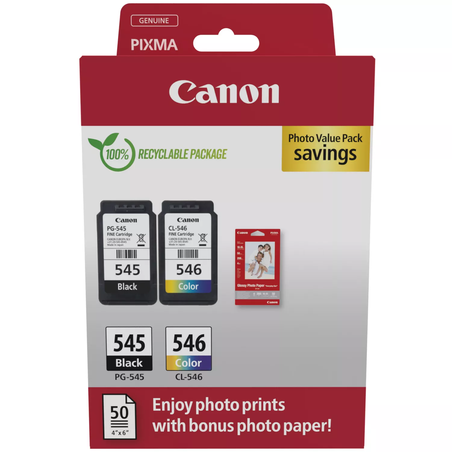 Canon Pg545 Negro + Cl546 Color Pack De Cartuchos De Tinta Originales, 50 Hojas De Papel Fotografico - 8287B008/8287B006/8287B005