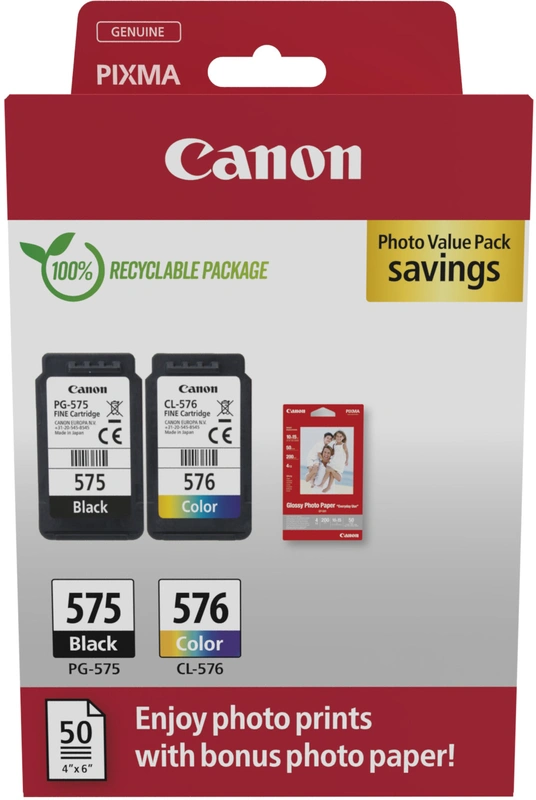 Canon Pg575/Cl576 Pack De 2 Cartuchos De Tinta Originales + 50 Hojas De Papel Fotografico - 5438C004