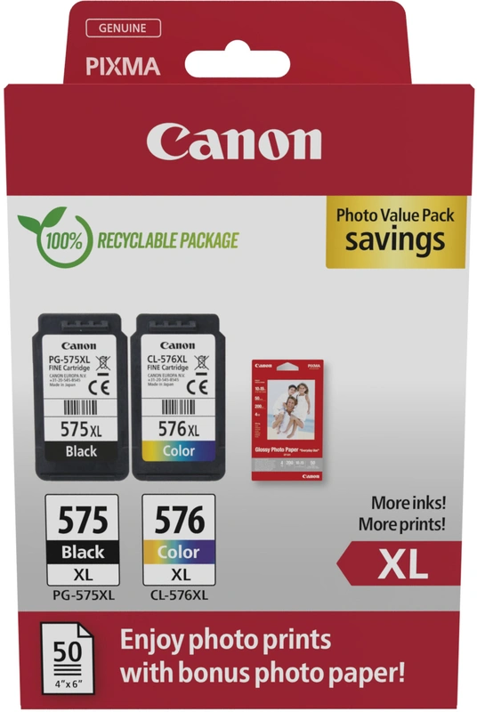 Canon Pg575Xl/Cl576Xl Multipack De 2 Cartuchos De Tinta Originales + 50 Hojas De Papel Fotografico - 5437C006