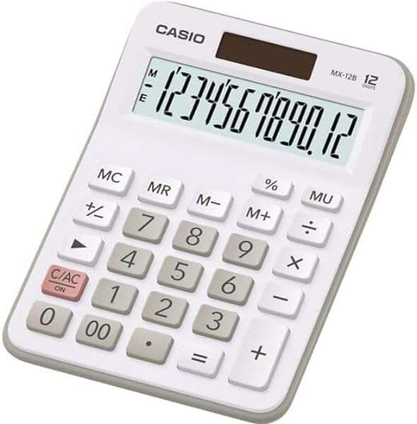 Casio Mx-12B Calculadora De Escritorio Pequeña - Pantalla Lcd De 12 Digitos - Solar Y Pilas - Color Blanco
