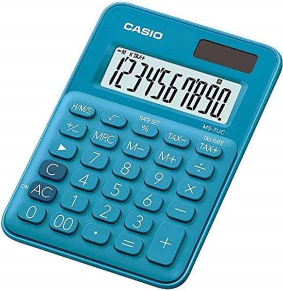 Casio Ms-7Uc Calculadora De Escritorio - Tecla Doble Cero - Pantalla Lcd De 10 Digitos - Solar Y Pilas - Color Azul