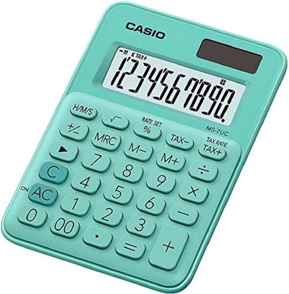 Casio Ms-7Uc Calculadora De Escritorio - Tecla Doble Cero - Pantalla Lcd De 10 Digitos - Solar Y Pilas - Color Verde