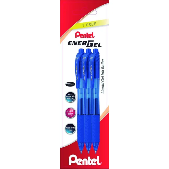 Pentel Energel X Pack De 3 Boligrafos De Bola Retractiles Tinta Gel - Punta 0.7Mm - Trazo 0.35Mm - Recargable - Grip De Agarre - 50% De Materiales Reciclados - Color Azul