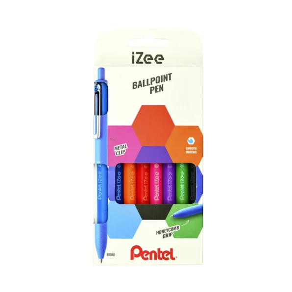 Pentel Izee Pack De 8 Boligrafos De Bola Retractiles - Punta 0.7Mm - Trazo 0.35Mm - Clip De Metal - Colores Surtidos