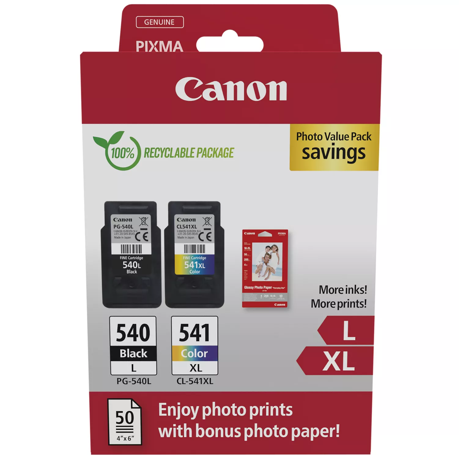 Canon Pg540L Negro + Cl541Xl Color Pack De 2 Cartuchos De Tinta Originales - 50 Hojas De Papel Fotografico - 5224B012/5224B007/5224B005/5222B013/5222B014