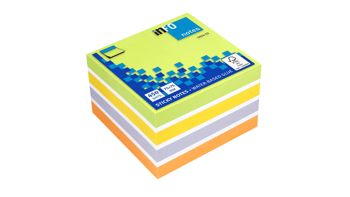 Global Notes Info Cubo De 450 Notas Adhesivas 75 X 75Mm - Certificacion Fsc™ - Colores Amarillo, Naranja, Violeta, Blanco Y Verde