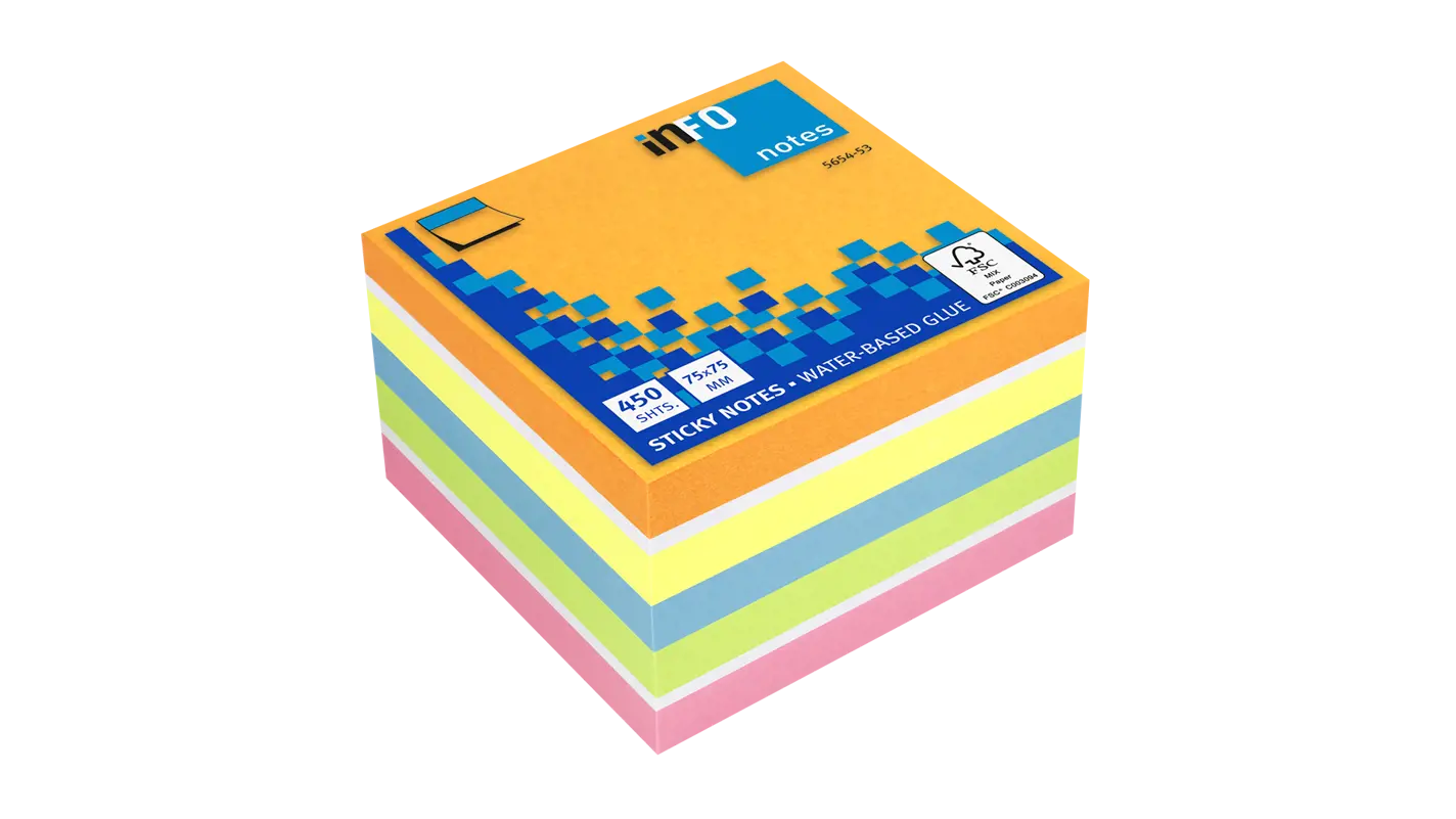 Global Notes Info Cubo De 450 Notas Adhesivas 75 X 75Mm - Certificacion Fsc™ - Colores Amarillo, Naranja, Azul, Blanco, Rosa Y Verde