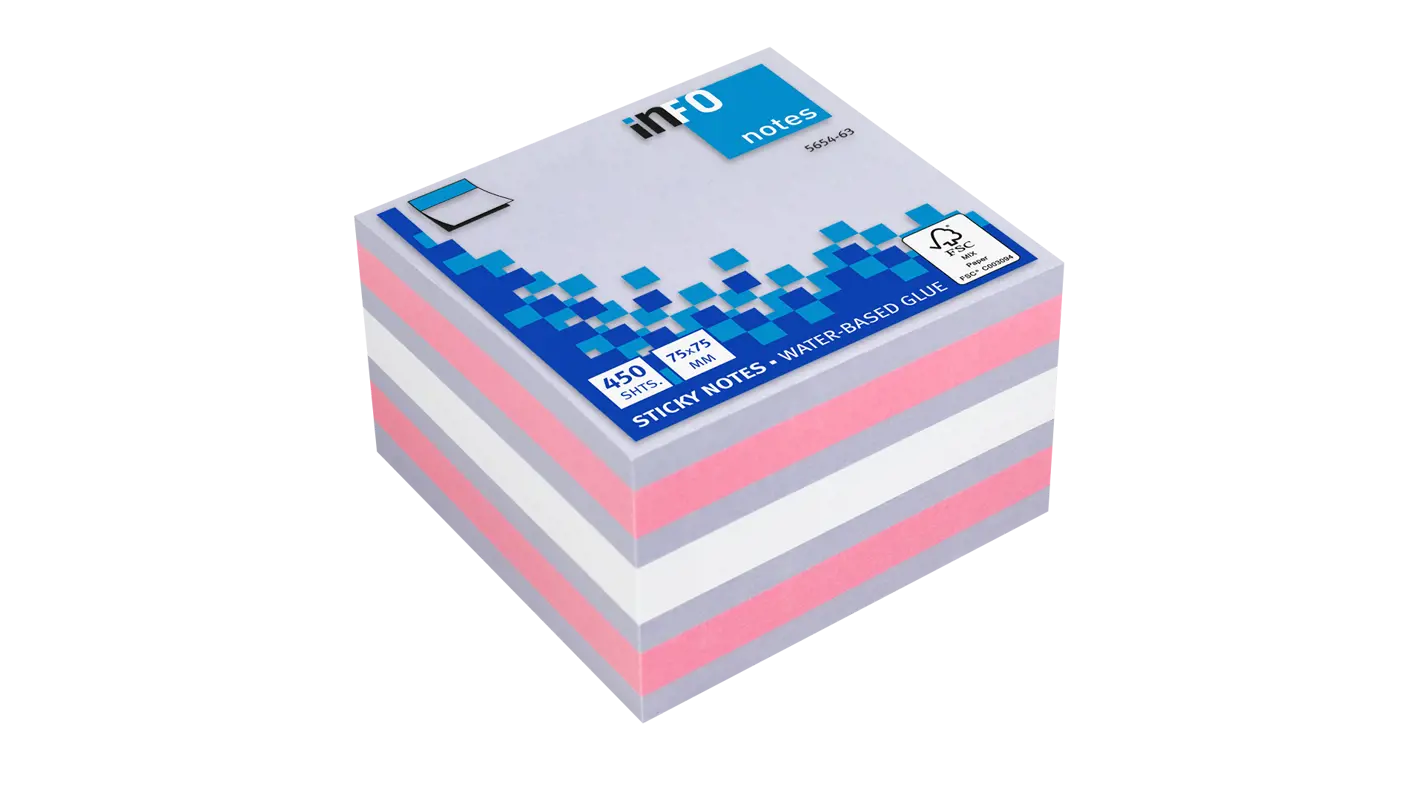 Global Notes Info Cubo De 450 Notas Adhesivas 75 X 75Mm - Certificacion Fsc™ - Colores Violeta, Rosa Y Blanco
