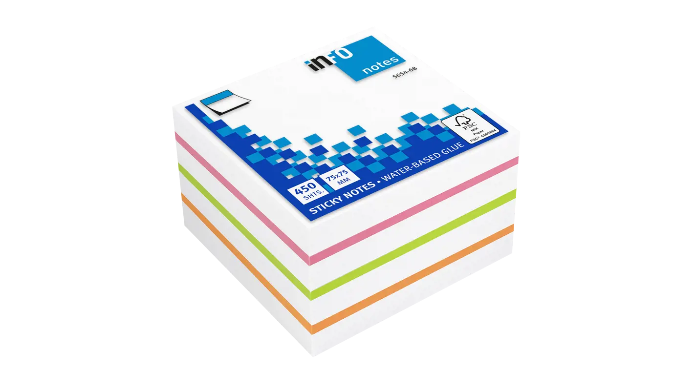Global Notes Info Cubo De 450 Notas Adhesivas 75 X 75Mm - Certificacion Fsc™ - Colores Verde, Naranja, Rosa Y Blanco