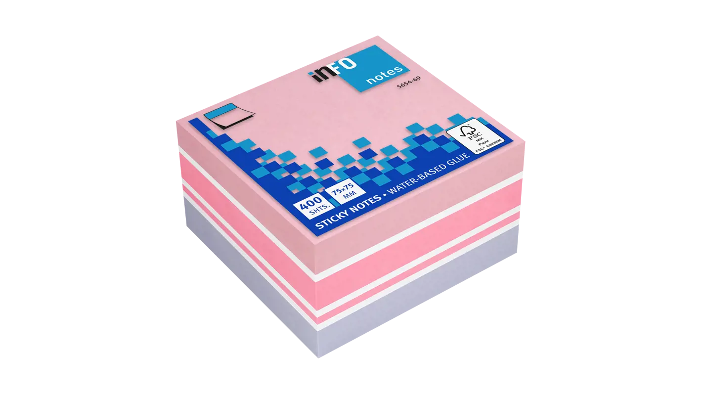 Global Notes Info Cubo De 400 Notas Adhesivas 75 X 75Mm - Certificacion Fsc™ - Colores Violeta, Rosa Pastel, Rosa Brillante Y Blanco