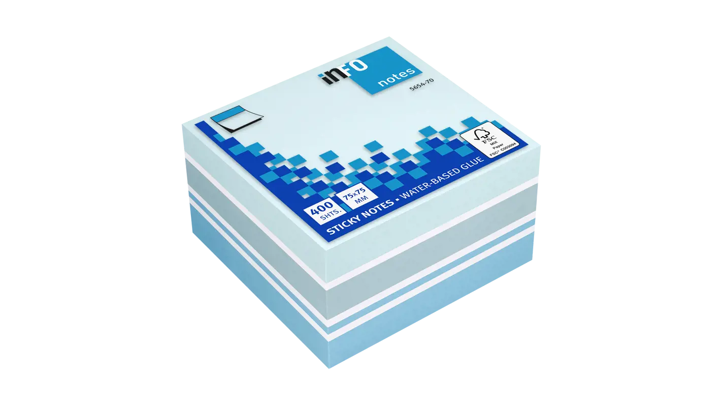 Global Notes Info Cubo De 400 Notas Adhesivas 75 X 75Mm - Certificacion Fsc™ - Colores Azul Reciclado, Azul Pastel, Ultra Azul Y Blanco