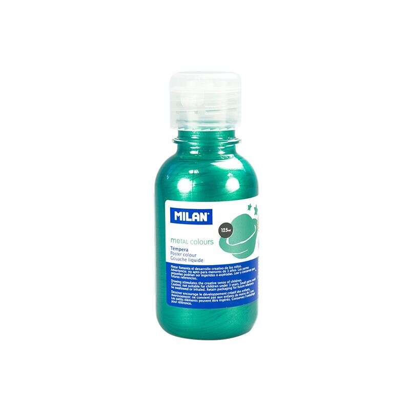 Milan Botella De Tempera 125Ml - Tapon Dosificador - Secado Rapido - Mezclable - Color Verde Metalizado