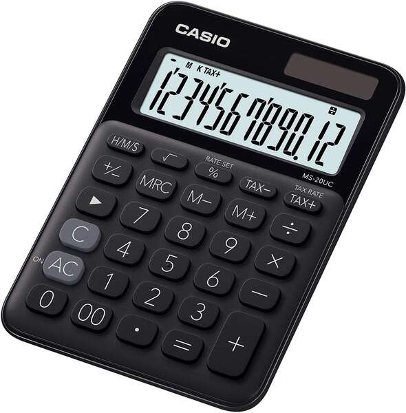 Casio Ms-20Uc Calculadora De Sobremesa Pequeña - Pantalla Lcd De 12 Digitos - Alimentacion Solar Y Pilas - Color Negro