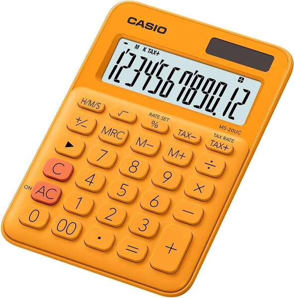 Casio Ms-20Uc Calculadora De Sobremesa Pequeña - Pantalla Lcd De 12 Digitos - Alimentacion Solar Y Pilas - Color Naranja