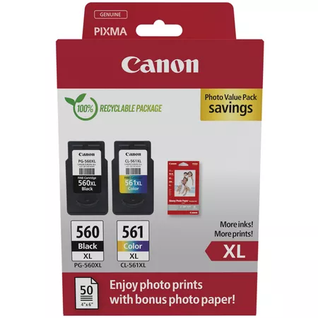 Canon Pg560Xl Negro + Cl561Xl Color Pack De 2 Cartuchos De Tinta Originales - 50 Hojas De Papel Fotografico - 3712C008/3712C004