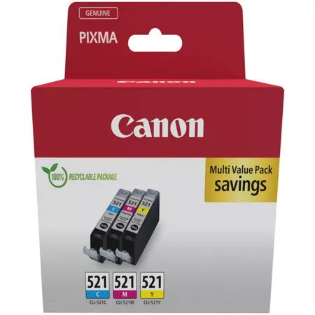 Canon Cli521 Pack De 3 Cartuchos De Tinta Originales - Cian, Magenta, Amarillo - 2934B015/2934B010