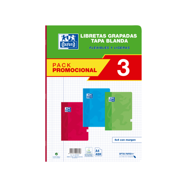 Oxford School Classic Pack 3 - Libreta Grapada A4 - Tapa Blanda - 4X4 Con Margen - 48 Hojas - 3 Colores