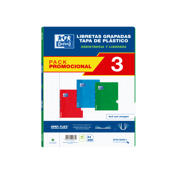 Oxford School Classic Pack 3 - Libreta Grapada Openflex - Tapa De Plastico A4 - 4X4 Con Margen - 48 Hojas - 3 Colores