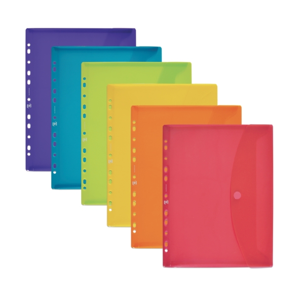 Oxford Sobre Portadocumentos Multitaladro A5 - Capacidad Para 25 Hojas - Cierre De Velcro - 11 Taladros - Plastico Flexible Translucido - Colores Surtidos