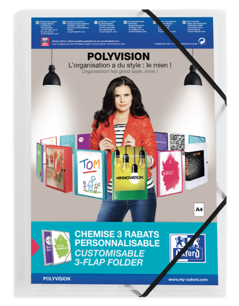 Oxford Polyvision A4+ Carpeta De Gomas 3 Solapas - Tapa De Plastico Personalizable - Lomo 30Mm Transparente