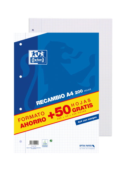 Oxford School Classic A4 Recambio - Paquete 4X4 Con Margen - 200 Hojas + 50 Hojas Gratis