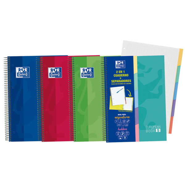 Oxford School Classic A4+ Europeanbook - Tapa Extradura Resistente - 100 Hojas Cuadriculadas 5X5 - 5 Pestañas Troqueladas - Colores Surtidos