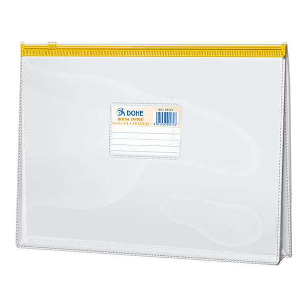 Dohe Bolsa Zipper Folio Apaisado Pvc Transparente 150 Micras - Apertura Superior - Cierre Zip Hermetico En Color Amarillo