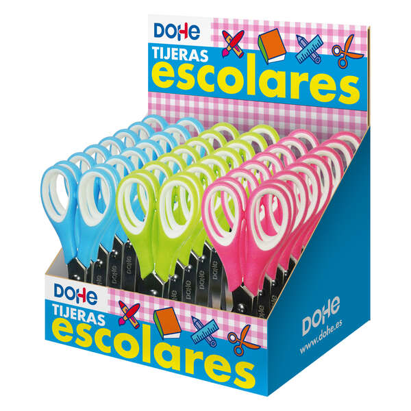 Dohe Expositor De 24 Tijeras Escolares De 125Mm - Hojas De Acero Inoxidable - Puntas Redondeadas - Mango Ergonomico De Plastico Y Caucho - Colores Surtidos