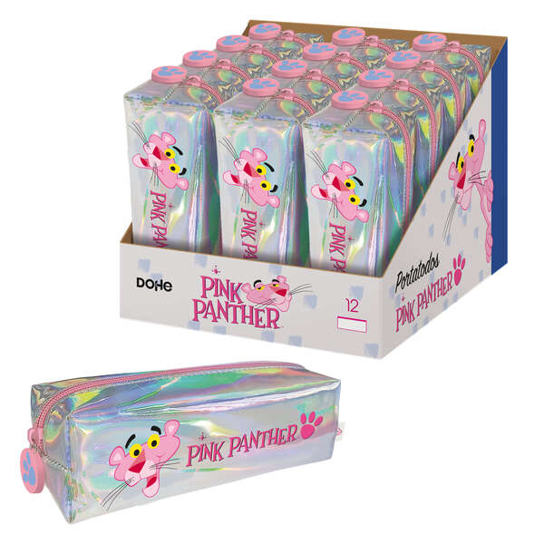 Dohe Expositor De 12 Portatodos Cuadrados Brillantes De Pink Panther - 200Mm - Para Todo Tipo De Utensilios Escolares - Fabricado En Material Flexible Y Resistente