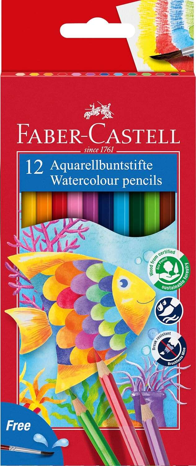 Faber-Castell Classic Colour Acuarelable Pack De 12 Lapices De Colores Hexagonales Acuarelables + Pincel - Resistencia A La Rotura - Colores Surtidos