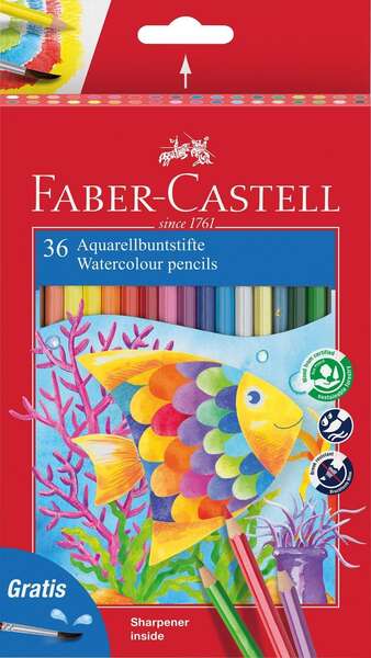 Faber-Castell Classic Colour Acuarelable Pack De 36 Lapices De Colores Hexagonales Acuarelables + Pincel - Resistencia A La Rotura - Colores Surtidos