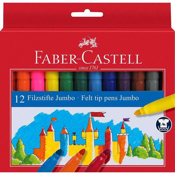 Faber-Castell Jumbo Pack De 12 Rotuladores Punta Gruesa - Tinta Con Base De Agua Lavable - Colores Surtidos