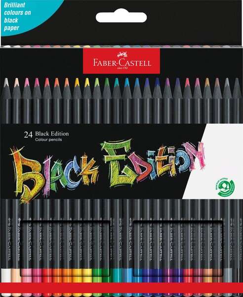 Faber-Castell Black Edition Pack De 24 Lapices De Colores - Mina Supersuave - Madera Negra - Ideales Para Dibujo Sobre Papel Claro, Oscuro Y De Colores - Colores Surtidos