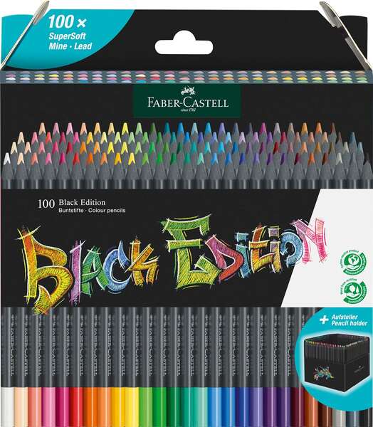 Faber-Castell Black Edition Pack De 100 Lapices De Colores - Mina Supersuave - Madera Negra - Ideales Para Dibujo Sobre Papel Claro, Oscuro Y De Colores - Colores Surtidos