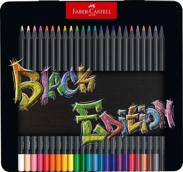 Faber-Castell Black Edition Caja Metalica De 24 Lapices De Colores - Mina Supersuave - Madera Negra - Ideales Para Dibujo Sobre Papel Claro, Oscuro Y De Colores - Colores Surtidos