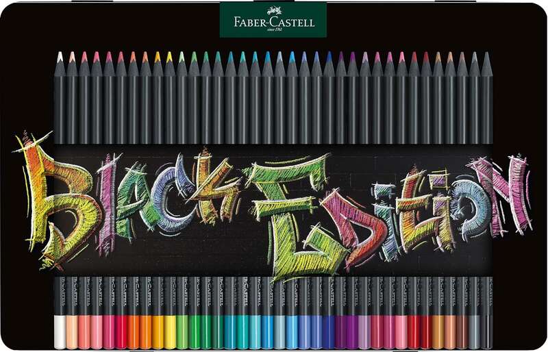 Faber-Castell Black Edition Caja Metalica De 36 Lapices De Colores - Mina Supersuave - Madera Negra - Ideales Para Dibujo Sobre Papel Claro, Oscuro Y De Colores - Colores Surtidos