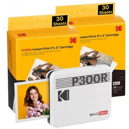 Kodak Mini 3 Retro Pack De Impresora Fotografica Portatil Bluetooth + 60 Hojas De Papel Fotografico - Formato De Impresion 7.62X7.62Cm - Alimentacion Por Bateria - Color Blanco