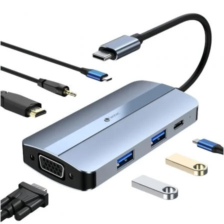 Leotec Adaptador 7 En 1 Usb-C A 1Xhdmi, 1Xvga, 1Xusb-A 3.0, 1Xusb-A 2.0, 1Xusb-C, 1X Usb-C Pd, 1Xaudio - Color Gris