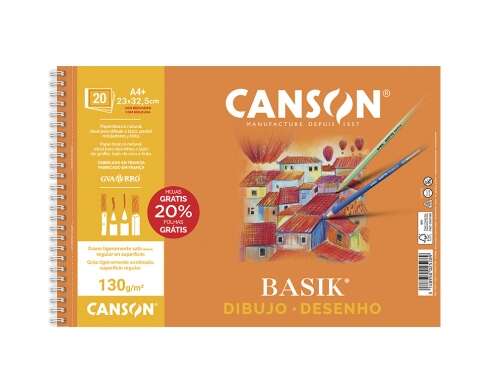 Canson Basik Bloc De Dibujo Espiral 20 Hojas A4+ 130G - Con Recuadro - Medidas 23X32.5Cm - Color Blanco