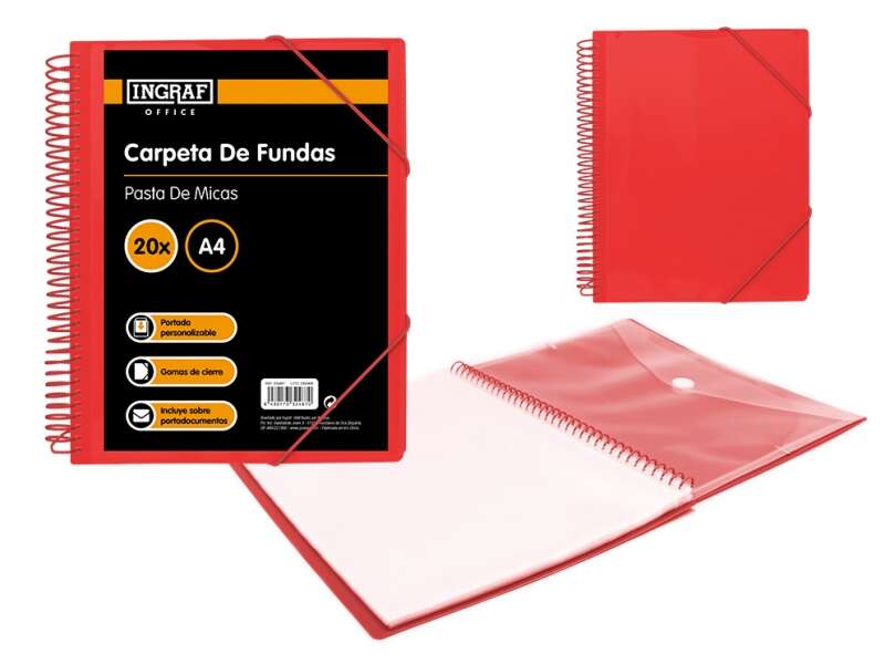 Ingraf Carpeta 20 Fundas A4 + Sobre Con Broche - Espiral Plastica Indeformable - Apertura 360 Grados - Portada Personalizable - Color Rojo