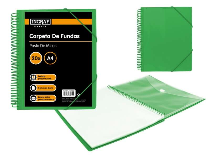 Ingraf Carpeta 20 Fundas A4 + Sobre Con Broche - Espiral Plastica Indeformable - Apertura 360 Grados - Portada Personalizable - Color Verde