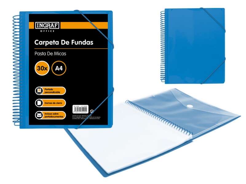Ingraf Carpeta 30 Fundas A4 + Sobre Con Broche - Espiral Plastica Indeformable - Apertura 360 Grados - Portada Personalizable - Color Azul