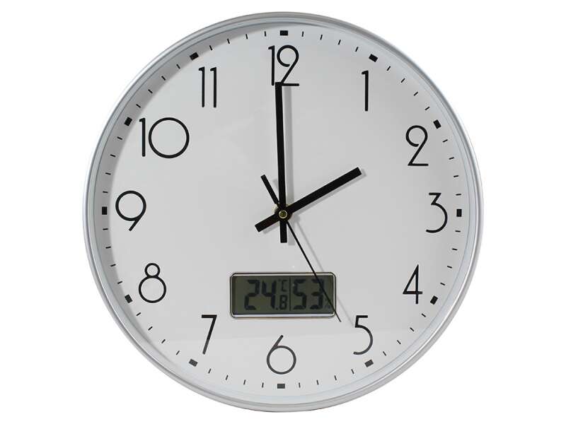 Bismark Reloj Oficina Blanco Con Digital - Numeros Negros - Cristal Exterior - Manecillas De Aluminio - Marcador Digital De Temperatura Y Humedad - Color Blanco
